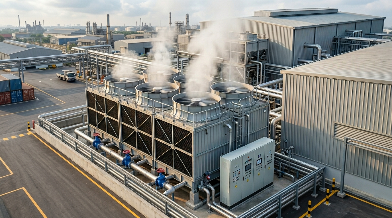 Cooling Tower and Chiller Water System Industrial cooling tower system with visible water vapor, representing efficient cooling water chemical treatment and system performance