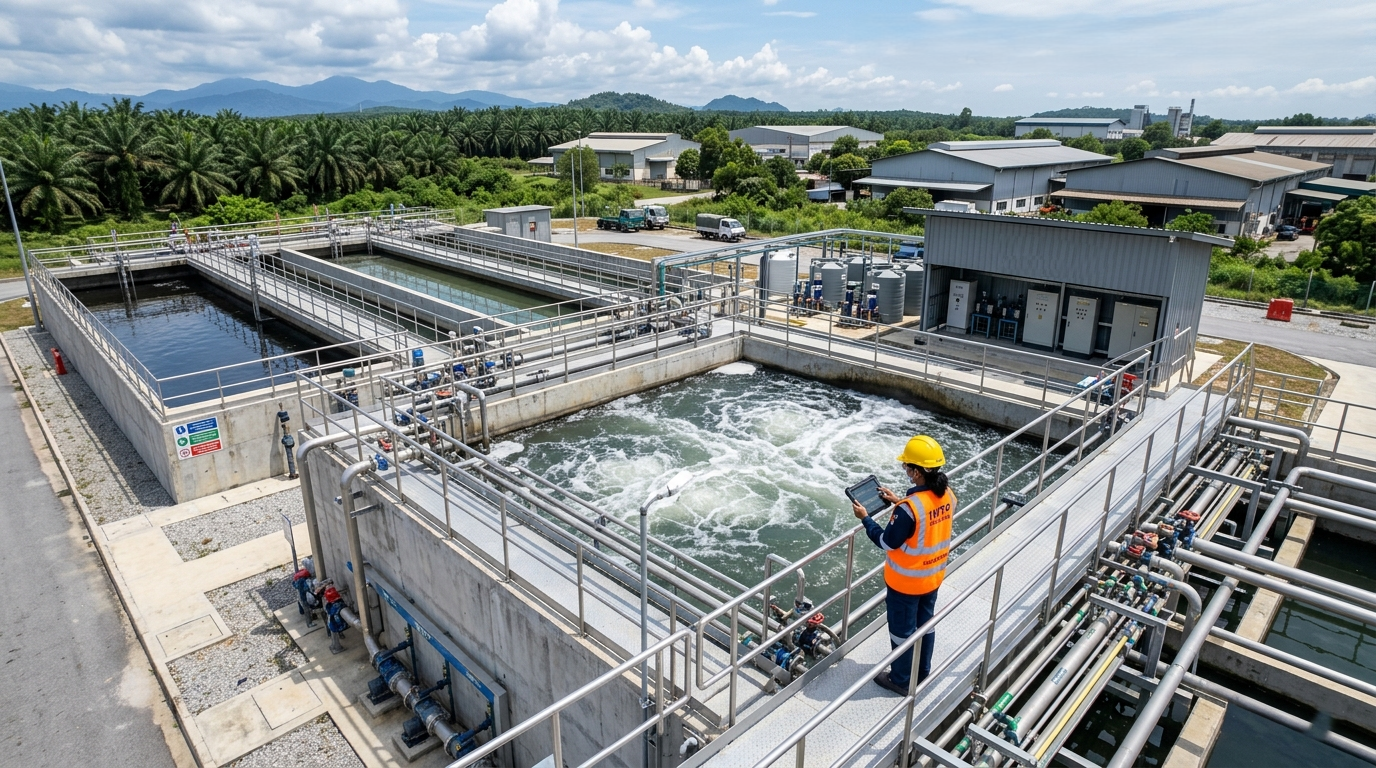 Industrial wastewater treatment system in Malaysia with tanks, piping, and monitoring equipment