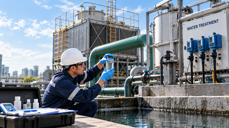 Technician monitoring cooling tower water treatment at an industrial facility in Malaysia