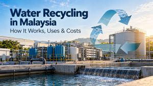 Industrial water recycling facility in Malaysia featuring water treatment tanks, filtration systems, pipelines and reclaimed water storage.