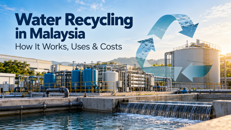 Industrial water recycling facility in Malaysia featuring water treatment tanks, filtration systems, pipelines and reclaimed water storage.